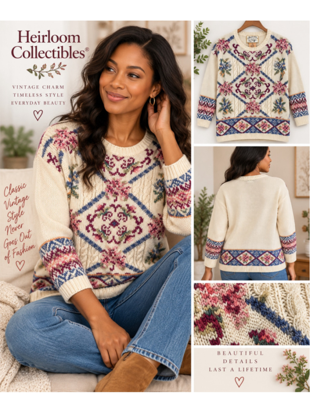 Heirloom Collectibles Vintage 1992 Floral Fair Isle Ramie Cotton Sweater M